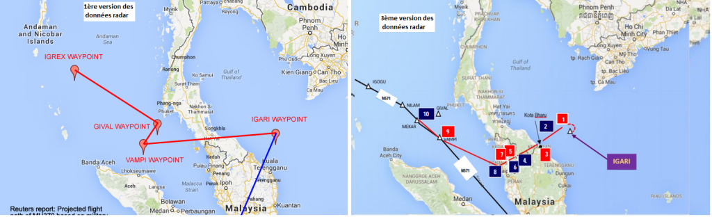 Evolution de la trajectoire de l'avion entre les 1ères et 3ème version des données issues des radars militaires